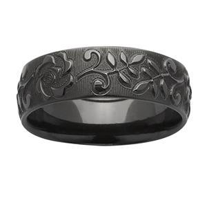 Floral engraved Black Zirconum ring