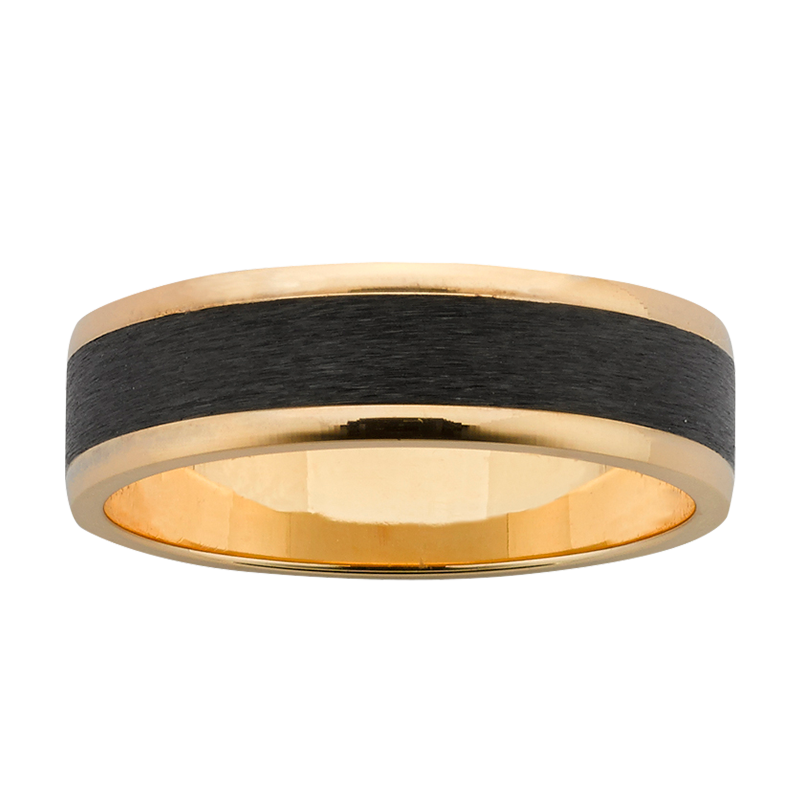 <p>6mm wide Yellow Gold band with polished edges, and Black Zirconium centre with sanded finish.</p>