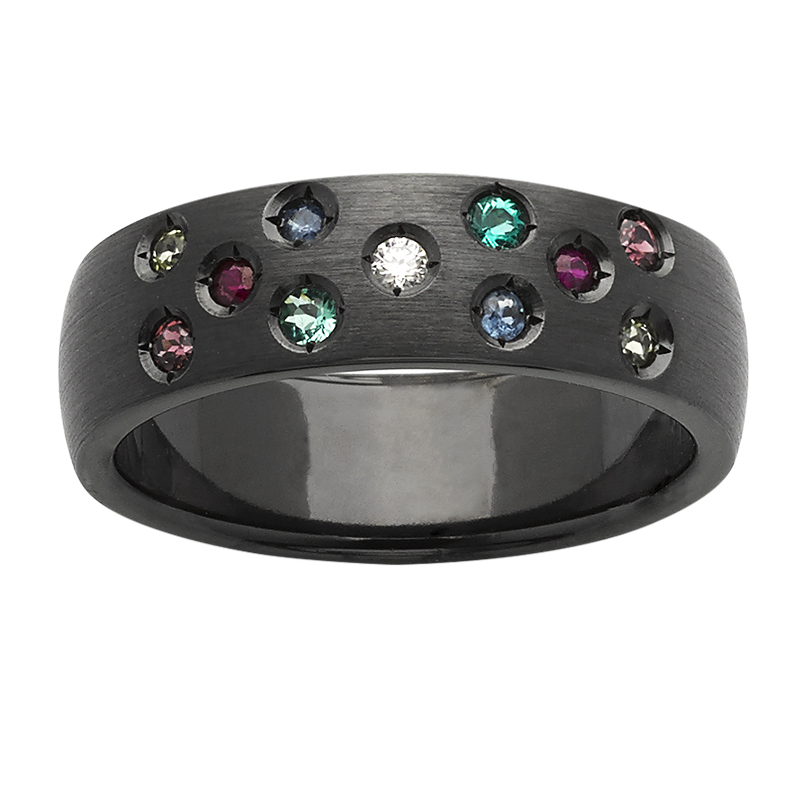 <p>6mm black zirconium ring with Diamond, Biron Emerald, Rhodolite Garnet, Peridot, Ruby,  Sapphire</p>