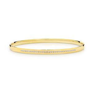 <p>Solid oval bangle, half round profile. Channel set with 30 x 70pc diamonds. Total diamond weight 0.42ct Approx, 9ct approx weight 11.3gms, 67 x 57mm diameter</p>