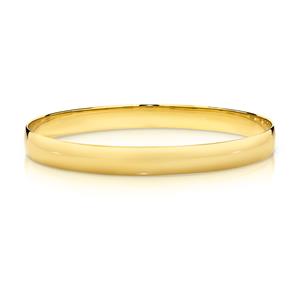 <p>Solid bangle. Half round profile, approx 2mm thick. 9ct approx weight 33gms, 65mm diameter</p>