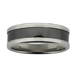 <p>7mm wide Titanium band with Black Zirconium centre, and sanded finish.</p>