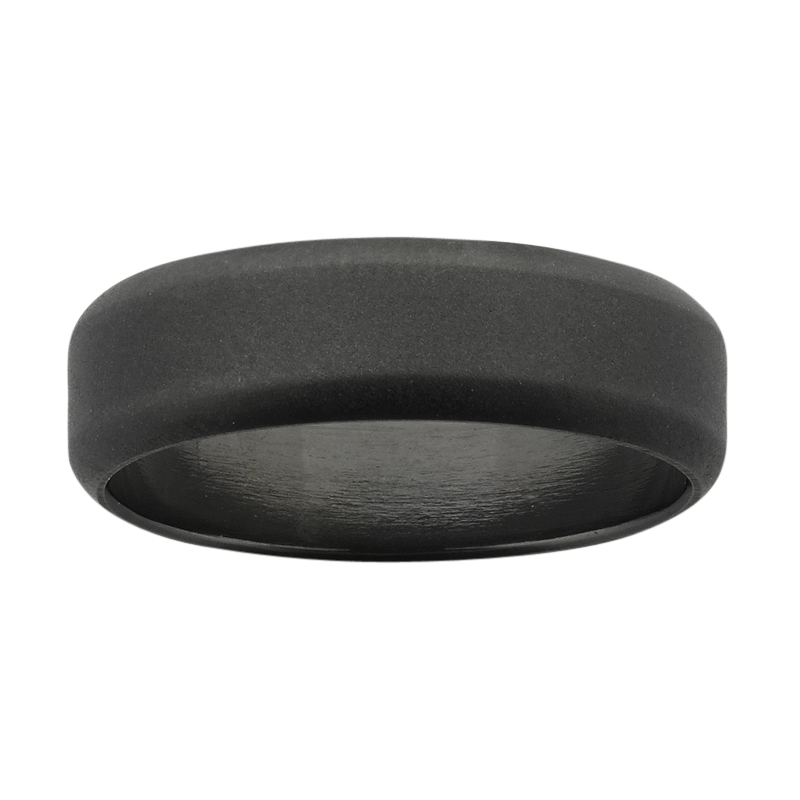 6.5mm wide flat Black Zirconium band with soft edges and sandblasted finish.