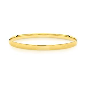 <p>Solid bangle, half round profile. Approx. 1.6mm thick, 9ct approx weight 13gms, 65mm diameter</p>