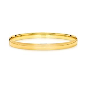 <p>Solid bangle, half round profile. Approx. 1.6mm thick, 9ct approx weight 16.7gms, 65mm diameter</p>
