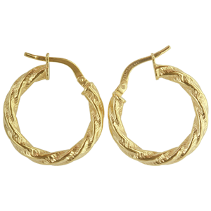 <p>9ct yellow gold Silver Filled Twisted Hoop Earrings</p>
<p>Measures 15mm across by 3mm wide</p>