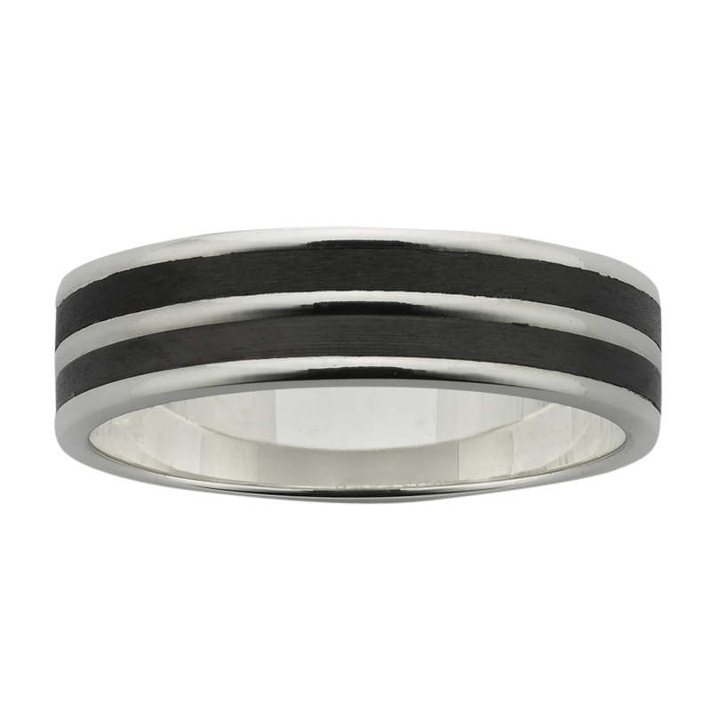 6mm wide polished Sterling Silver band with two sanded Black Zirconium inlays.