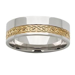 <p>7mm White & Yellow Gold Celtic Patterned ring</p>