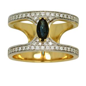 <p>Split Shank Yellow Gold Marquise Sapphire and Diamond Ring. Total Diamond Weight 0.43ct</p>