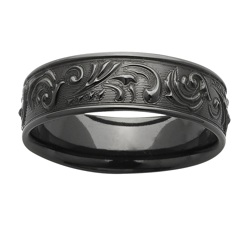 Scroll patterned black zirconium ring
