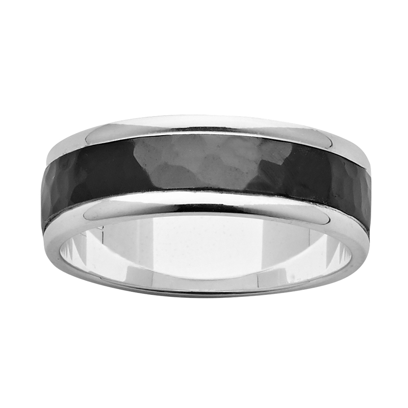 7mm Sterling Silver Ring with Hammered Black Zirconium Centre