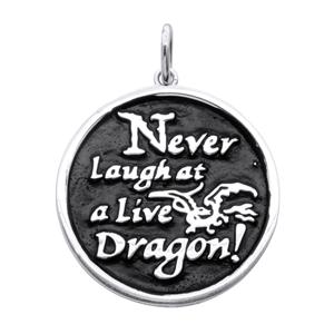 <p>Never Laugh At Live Dragons pendant, with black rhodium plating.<br />
<br />
Bilbo's advice to himself when exploring the caves and tunnels of The Lonely Mountain, and trying not to wake a sleeping Smaug.<br />
<br />
Comes with official The Hobbit pouch.</p>
