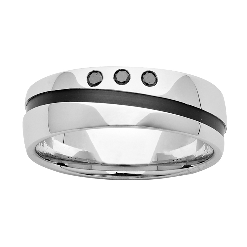 <p>7mm Sterling Silver & Black Zirconium Ring with Diamonds.</p>